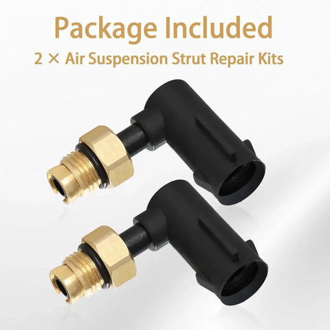 Two black plastic suspension elbow air strut repair kits with brass threaded adapters.