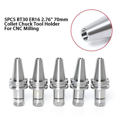 Five Piece BT30 ER16 Collet Chuck Tool Holder Set for CNC Mills and Drills, 2.76 Inch 70mm Shank, precision CNC tooling
