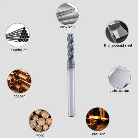 5/32 Inch Carbide End Mill Set With AlTiN Coating For Alloy And Hardened Steels, 4 Flute Micro Grain Bits, centered with material types