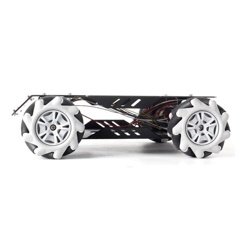 Unfinished Mecanum Wheel Intelligence Robot Kit with metal motors, aluminum chassis, visible gears, and wiring, side view