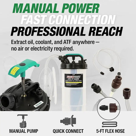 Manual Fluid Extractor Pump For Oil, Coolant, And Transmission Fluid, 1.4 Gallon Capacity, Hand Pump With 5 Foot Hose And 2 Dipstick Adapters