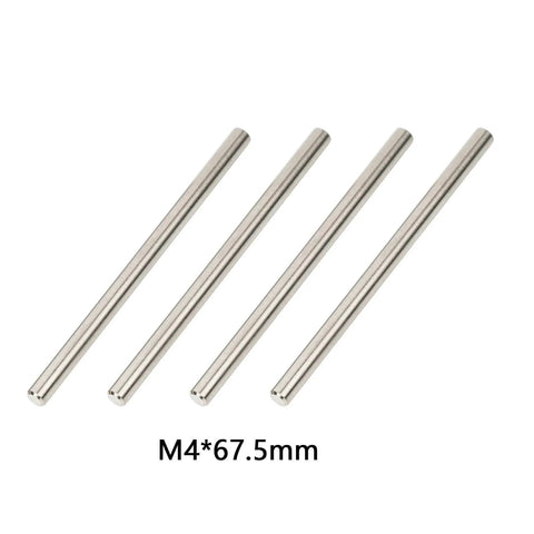 4Pcs TC4 Titanium Hinge Pin Lower For 6S One Seventh Mojave Felony Big Rock Fireteam Infraction Limitless 6S And One Eighth Kraton Notorious Outcast Talion Typhon Replacement AR330381 ARAC5032 Titanium Alloy For Durable RC Buggies, set of four metal rods on white background, size M4 x 67.5mm.