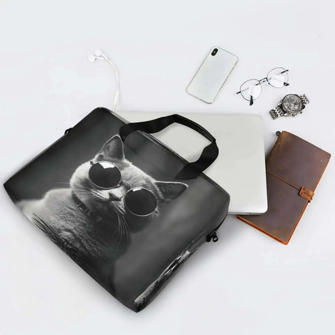 Gray Cat With Sunglasses Laptop Bag For 14 To 16 Inch Notebooks, featuring durable 290D polyester with office accessories.