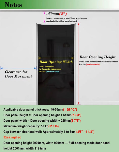 Door installation guide with measurements for Hidden Sliding Mirrored Barn Door Hardware Kit With Soft Close Floor Guide Trackless Rail System For 24 To 48 Inch Doors Invisible Wall Mount Track Modern Replacement Hardware 31.5 Inch Length.