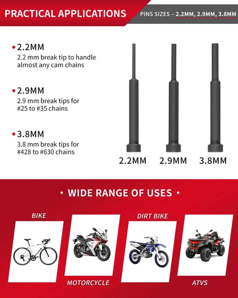 Break tips for 13 Piece Motorcycle Chain Breaker Set With Carrying Case Chain Cutter And Riveter Kit For Chains From 25 To 630 Easy To Use Tool For Motorcycles
