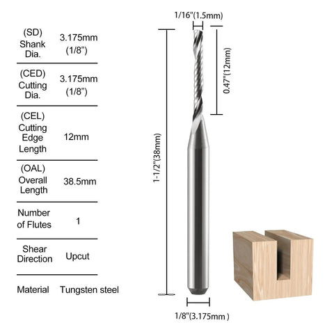 O Flute End Mill One Eighth Inch Shank One Sixteenth Inch Cutting Diameter Carbide CNC Router Bit Up Cut Single Flute Twelve Millimeter Cutting Length One And A Half Inch Total Length DIY Friendly For Acrylic And Plastic Pack Of Ten shown with dimensions and material details.