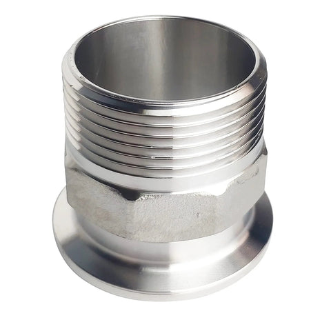 1.5-inch sanitary tri-clamp to 1-1/4-inch NPT hex male thread adapter, 304 stainless steel, polished finish