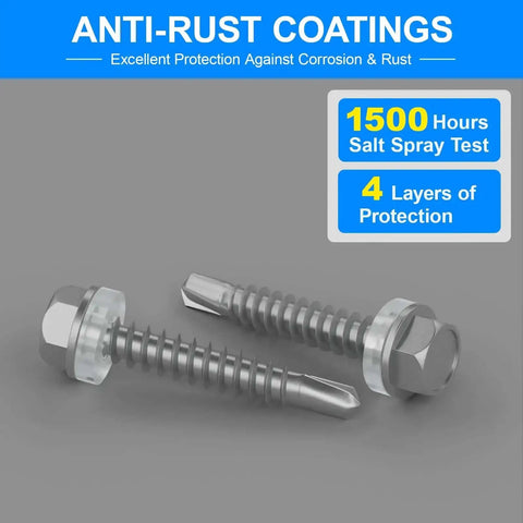 Close-up of self-drilling screws with hex washer head, highlighting rust-resistant Ruspert coating, from 300 Piece Self Tapping Screws Assortment Kit.