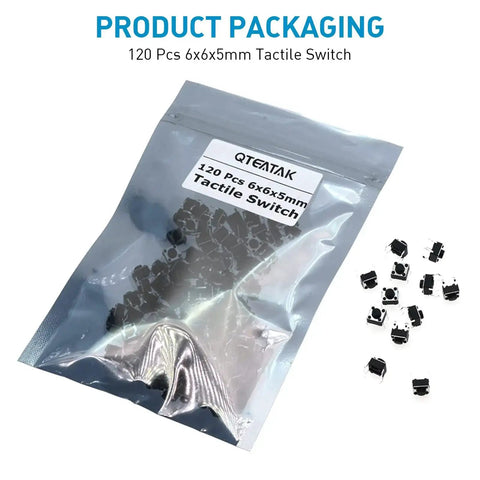 120 Piece Set Of 6x6x5mm Momentary Tact Switches For PCB 4 Pin DIP Black Push Button Micro Switch packaging and loose switches