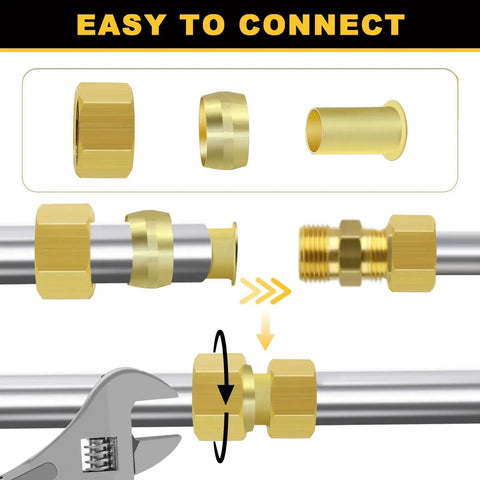 Image showing Six Size Brass Compression Fittings Kit With 255 Pieces, parts and installation process, designed for 1/2 to 1/8 inch tubing.