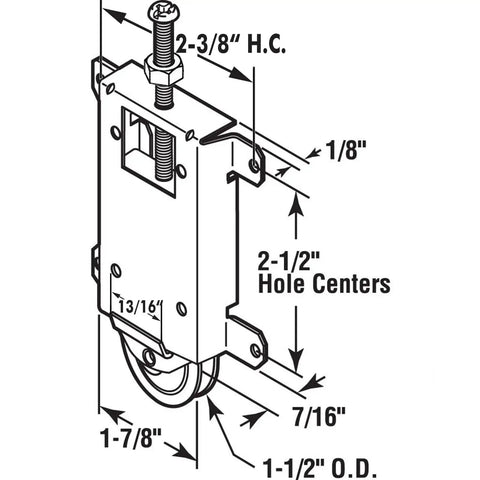 Diagram of Sliding Mirror Door Rollers Assembly for Closet Doors with 1-1/2 Inch Nylon Concave Wheels and 2-1/2 Inch Hole Centers.