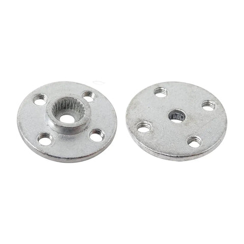 Two silver aluminum round RC servo discs with four mounting holes and a splined center bore (25T) for standard servos