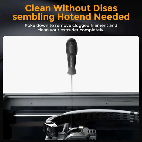1.5mm Clog Poke Nozzle Cleaning Kit For 3D Printers shown in use, features 210mm precision needle, high hardness steel.