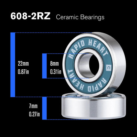 Rapid Heart 608-2RS ceramic bearings with blue seals, two shown in close-up; 22mm outer diameter, 8mm bore, 7mm thickness.