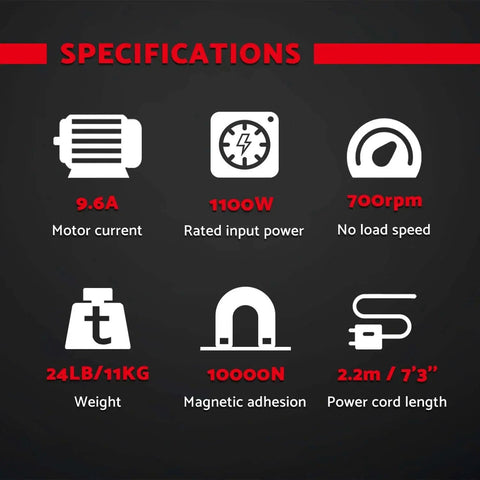 Specifications for Magnetic Drill Press Kit 1100W Portable, 700 RPM No Load, 24lb weight, 10,000N magnetic adhesion, 2.2m cord.