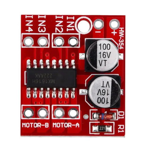 Front view of Dual H Bridge DC Stepper Driver Module 1.5A Per Channel with thermal protection, red PCB layout