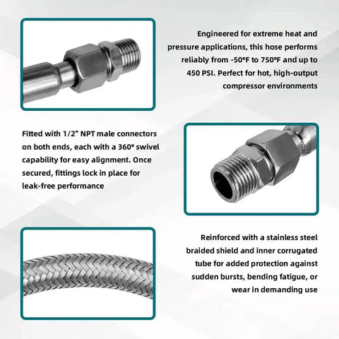 40 Inch Half Inch NPT Compressor Jumper Hose With Stainless Steel Braided Flex 304 Stainless Exterior 750F High Temp 450 PSI Rating 360 Degree Swivel Fittings Heavy Duty Air Line Connector For Shop And Garage features and design details.