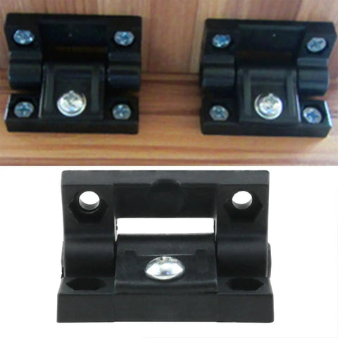 Four Pack Must Have Adjustable Torque Hinges Black For Doors Cabinets Wood Boxes Nylon Plastic Butt Hinge With Adjustable Angle Stop Durable Hardware For Furniture Projects And Electric Cabinets Enclosures installed on wood surface.