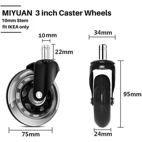 Heavy Duty Rubber Chair Casters 3 Inch Replacement Wheels With 10mm Stem for Flat Pack Chairs, side and front view