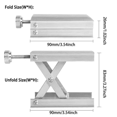 Adjustable Lab Lift Stand With Aluminum Alloy Platform for Science Experiments, shown folded and unfolded with dimensions.