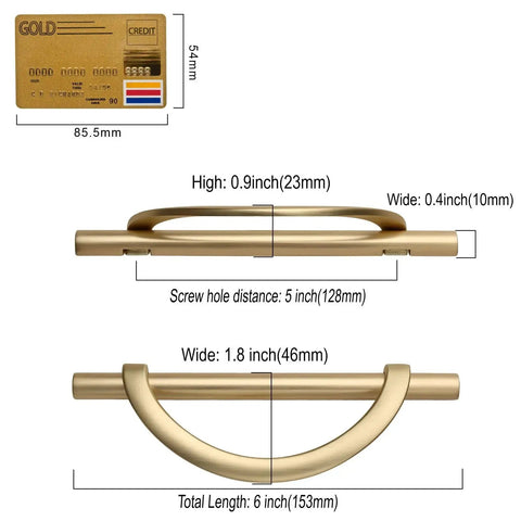 Brushed Gold Cabinet Pulls 5 Inch 128mm Hole Centers 10 Pack Handles detailed dimensions with comparison to credit card size