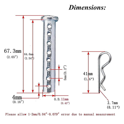 Beefy Adjustable Clevis Pin Kit For Trailers And Heavy Equipment Seven Sixteenths By Two And A Half Inch Zinc Steel Pins With Eight Holes And R Clip