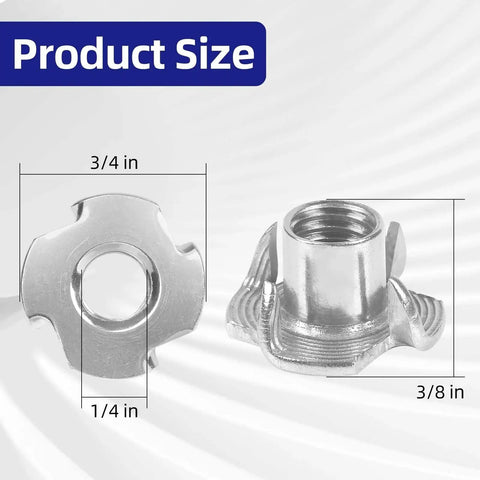 4 Pronged Tee Nuts 1/4-20 Stainless Steel 304 for wood climbing walls furniture shown from front and side with measurements.
