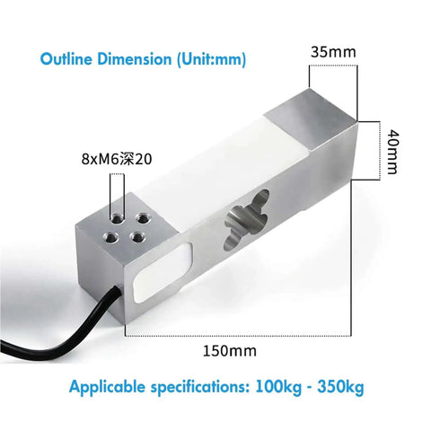 Single Point Load Cell For Weighing Platforms, Heavy Duty Rectangle Cantilever Sensor, Ultra Stable 0.2% Accuracy, Real Time Test Compression Force, Beefy Weight Sensor For 0 to 350KG Capacity, dimensions labeled 150mm x 40mm x 35mm