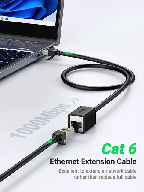 Cat6 Ethernet Extension Cable 10ft Patch Cord With RJ45 Male To Female Connector connected to a laptop, supports gigabit speeds.