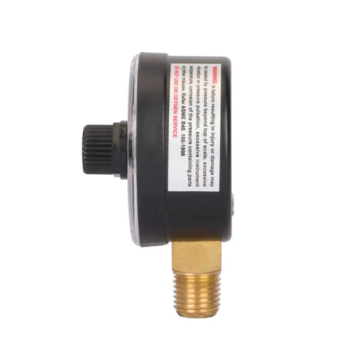 Side view of Boxed Pressure Gauge For Pool And Spa Filters With 2 Inch Dial And One Quarter Inch NPT Bottom Mount, Brass Wetted Parts