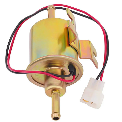 Universal 12V Inline Electric Fuel Pump Low Pressure 2.5 To 4 PSI For Gasoline Or Diesel Engines With Metal Construction Ideal For Motorcycle Carburetors ATVs Trucks Boats And Other Automotive Marine Applications visible with wires and connector