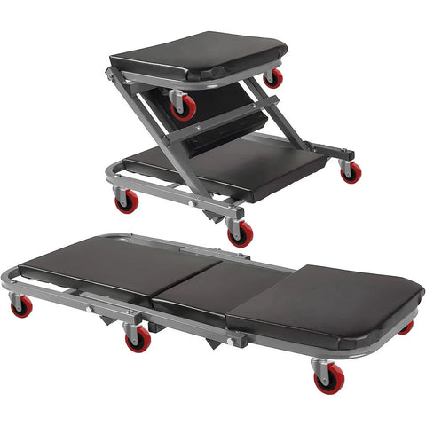 Six Pack 2.5 Inch Heavy Duty Swivel Caster Wheels mounted on collapsible automotive creeper with 360-degree rotation
