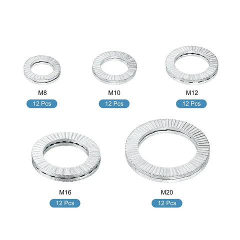 Wedge Locking Washers For M8 M10 M12 M16 M20 Bolts, 60 Pieces, Beefy Manganese Steel, DIN 25201 Standard, arranged by size
