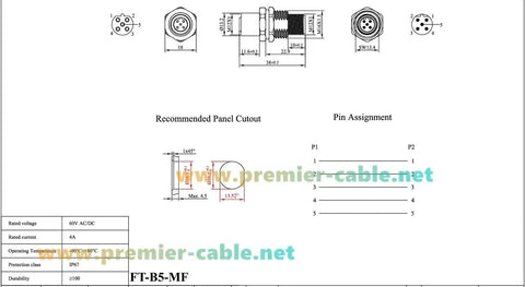 Technical diagram of Rugged M12 B Code 5Pin Male To Female Bulkhead Connector IP67 Panel Mount Pass Thru Shielded Circular Socket.