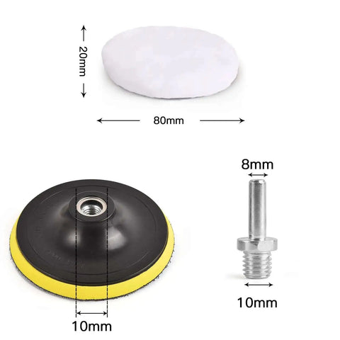 7 Pcs Pro Grade Wool Buffing Pads For Car Polisher, 3 Inch 80 mm Soft Wool Polishing Pads With M10 Drill Adapter dimensions.