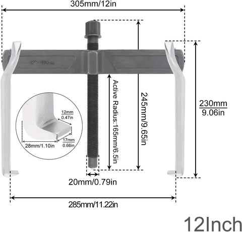 12 Inch Two Jaw Gear Puller With Adjustable Clamping Depth And Reversible Pulling Action, chrome vanadium steel, measurement details shown