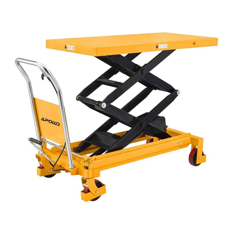APOLLOLIFT hydraulic lift table cart with 1760 lb capacity; yellow platform, four wheels, safety back guard.