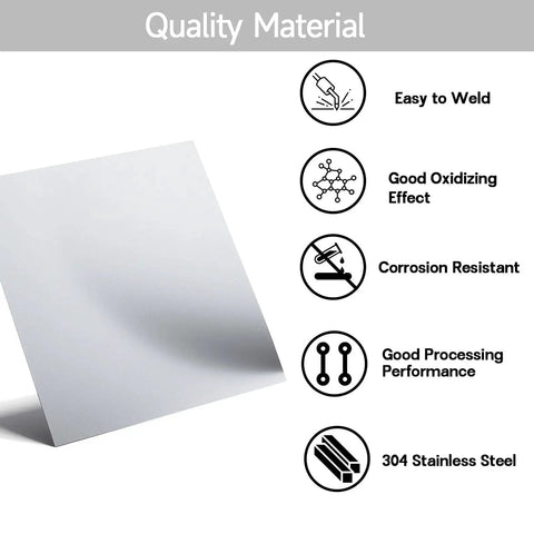 304 Stainless Steel Sheet Twelve By Twelve Inch One Eighth Inch Thick With Protective Film Durable Corrosion And Heat Resistant Metal Plate shown with features like easy to weld, corrosion resistant, and good processing performance.