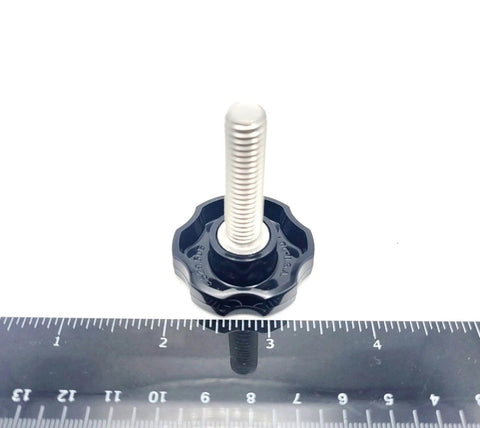 Three Eighths Inch Thumb Screw Bolts With Black Round Hex Head Clamping Knob Cap Grip Full Thread 304 Stainless Steel Fasteners Three Eighths Inch By Sixteen Threads Standard Thread Rust Resistant No Wrench Needed Quick Adjust For Jigs And Fixtures, shown next to a ruler for scale.