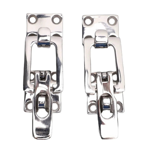 Front view of two 316 stainless steel anti-rattle boat hatch latches with padlock holes