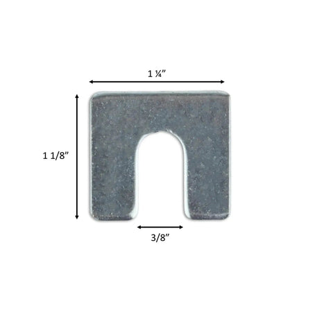 Beefy One Eighth Inch Steel Shim Stock With Three Eighth Inch Slot Width Pack Of Ten, front view showing precise dimensions.