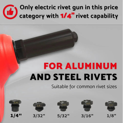 Brushless Cordless Rivet Gun Kit 1 Eighth Inch To 1 Quarter Inch Heavy Duty Pro Grade shown with rivet sizes aluminum steel