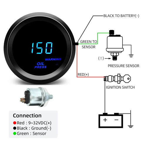 Oil Pressure Gauge Kit 52mm 2 Inch With Sender For 12V Cars And Trucks Digital Blue LED Display and wiring diagram