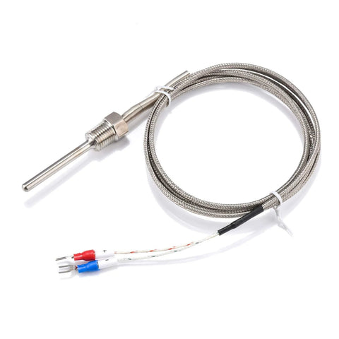 Waterproof K-type thermocouple probe with stainless steel braided lead, 1/4 in NPT, 0–500°C, 2 m shielded wire.