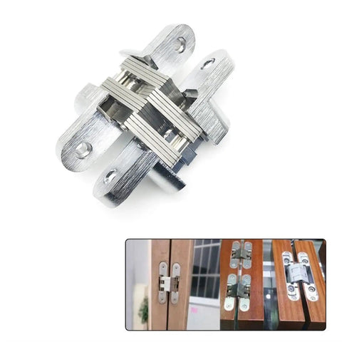 2Pcs Stainless Steel Hidden Hinges For 180 Degree Concealed Folding Doors displayed with installation examples