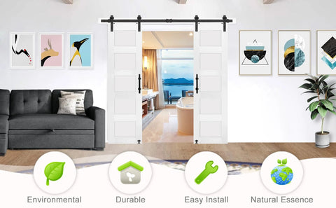 Dope Double Glass MDF Barn Doors Set 18 Inch By 84 Inch with Five Tempered Frosted Glass Panels shown in a living room