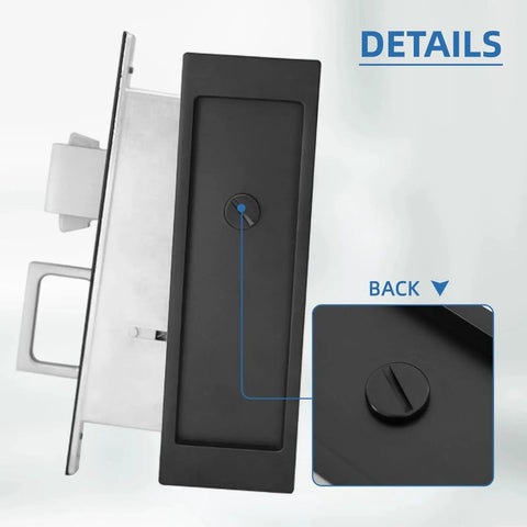 Modern Pocket Door Hardware Set With Privacy Lock, Finger Flush Pulls And Soft Close, black zinc alloy, side view