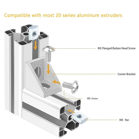 Illustration of 10 Set Aluminum Corner Brackets 90 Degree Right Angle L Connectors with T Slot M5 Bolts Nuts for 2020 Series