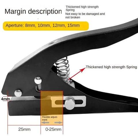Heavy Duty 8mm Circle Hole Punch Hand Held Paper Punch, black metal tool with high strength spring and adjustable aperture sizes.