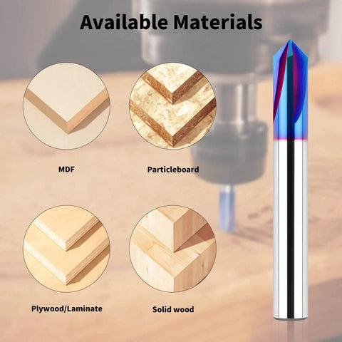90 Degree V Bit With 1 Quarter Inch Shank Carbide CNC Chamfer End Mill 4 Flute V Groove Router Bit Blue Nano Coating For Wood Engraving And Carving shown against materials like MDF, particleboard, plywood, laminate, and solid wood.
